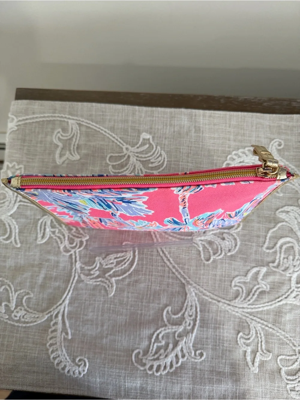 Lilly Pulitzer Pink Tropical Palm Pattern Top Zip Case with Gold Tone Trim